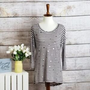 Caslon Burgundy Striped Hearts 3/4 Sleeve Top Size XS Scoop Neck‎